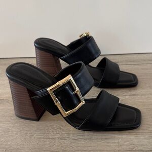 White House Black Market Black Heeled Sandals Womens 8 Block Heel Gold Bucket